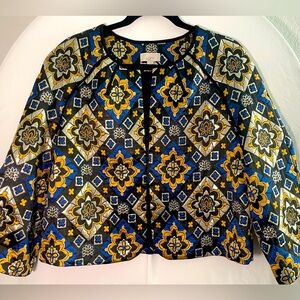 (SOLD) Ann Taylor LOFT Blazer Jacket Metallic Gold Silver Jacquard Petite Large